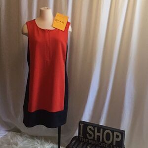 2 tone dress in red orange & black in size 16